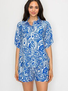 Paisley Print 2 Piece Set Button Down Shirt and Shorts